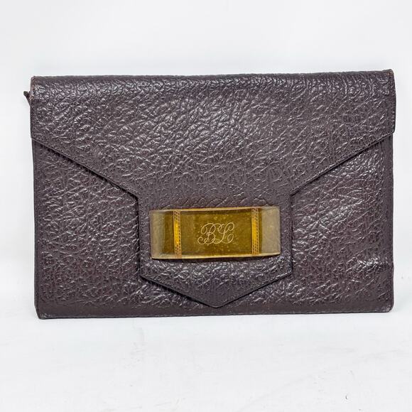 Vintage Art Deco Brown‎ Pebbled Leather Clutch with Bakelite Snap Closure - Picture 1 of 12